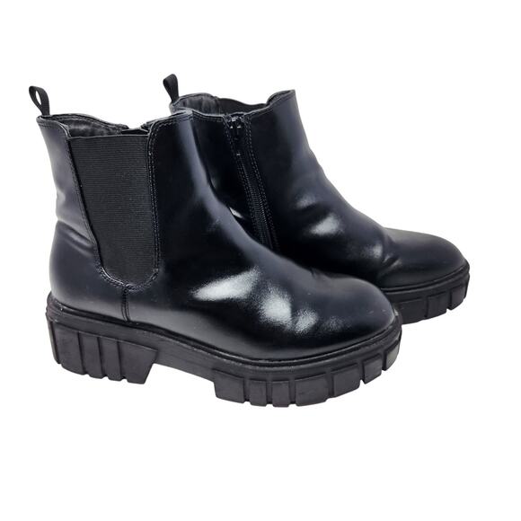 SM New York Black Leather Pull On Chunky Platform Chelsea Ankle Boots Size 8.5M - Picture 5 of 10